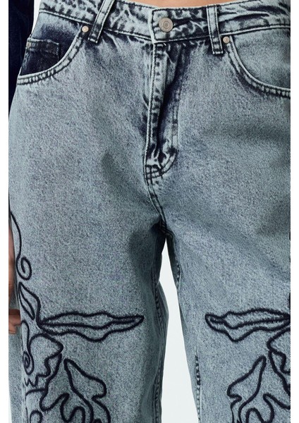 Stil Kadın Moda Denim Kot Pantolon Uzun Geniş Paça Mavi Nakışlı Yüksek Bel Balon Jeans fiyatları
