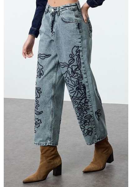 Stil Kadın Moda Denim Kot Pantolon Uzun Geniş Paça Mavi Nakışlı Yüksek Bel Balon Jeans modelleri