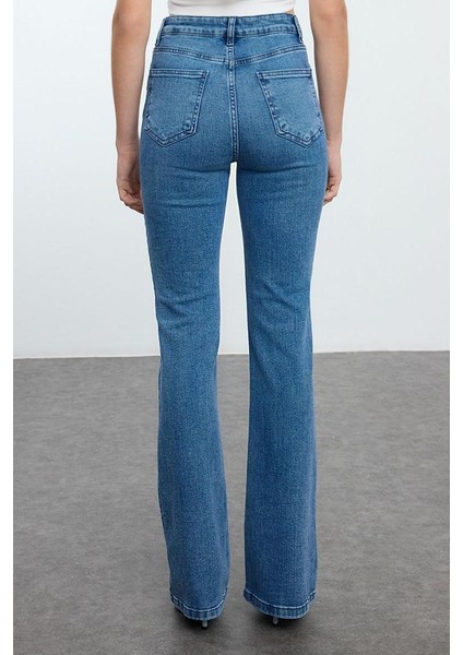 Stil Kadın Moda Denim Kot Pantolon Uzun Ispanyol Paça Mavi Yüksek Bel Jeans