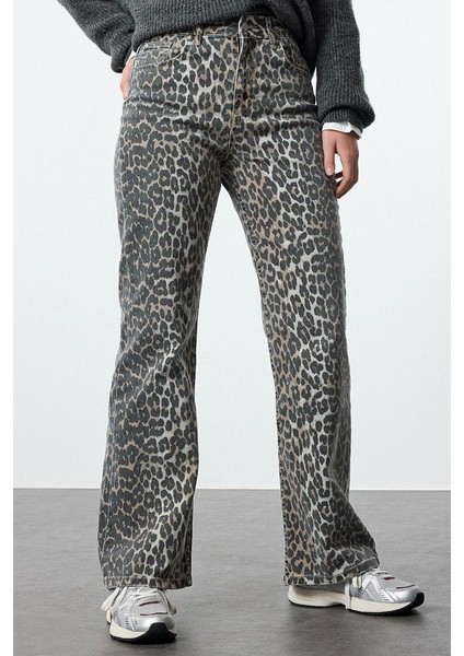Stil Kadın Moda Denim Kot Pantolon Uzun Boru Paça Leopar Desenli Kahverengi Yüksek Bel Jeans