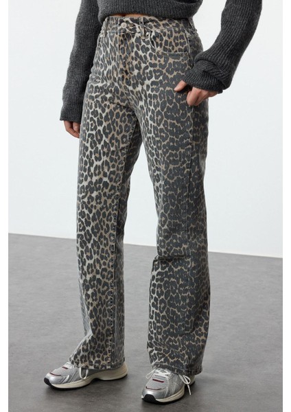 Stil Kadın Moda Denim Kot Pantolon Uzun Boru Paça Leopar Desenli Kahverengi Yüksek Bel Jeans