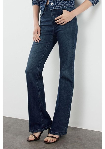 Stil Kadın Moda Denim Kot Pantolon Uzun Ispanyol Paça Yüksek Bel Jeans