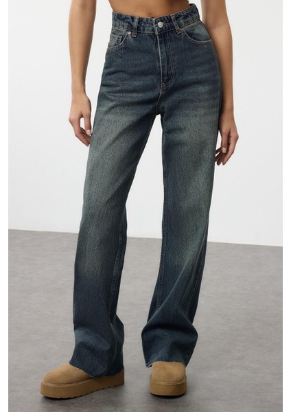 Stil Kadın Moda Denim Kot Pantolon Uzun Geniş Paça Mavi Yüksek Bel Straight Jeans fırsatları