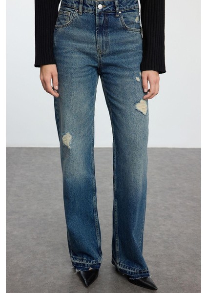 Stil Kadın Moda Denim Kot Pantolon Uzun Geniş Paça Yırtıklı Normal Bel Jeans fırsatları