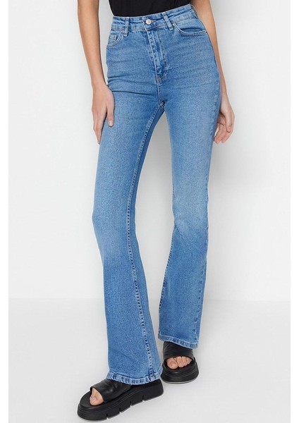 Stil Kadın Moda Denim Kot Pantolon Uzun Ispanyol Paça Mavi Yüksek Bel Jeans