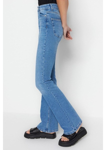 Stil Kadın Moda Denim Kot Pantolon Uzun Ispanyol Paça Mavi Yüksek Bel Jeans fiyatları