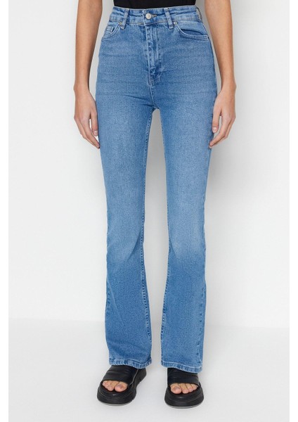 Stil Kadın Moda Denim Kot Pantolon Uzun Ispanyol Paça Mavi Yüksek Bel Jeans fırsatları