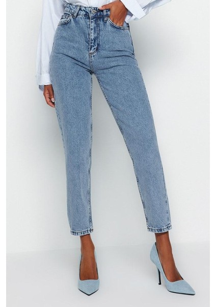 Stil Kadın Moda Denim Kot Pantolon Uzun Geniş Paça Indigo Yüksek Bel Mom Jeans
