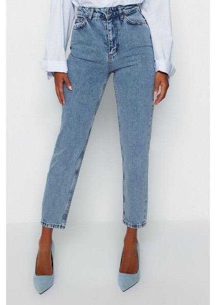 Stil Kadın Moda Denim Kot Pantolon Uzun Geniş Paça Indigo Yüksek Bel Mom Jeans fiyatları
