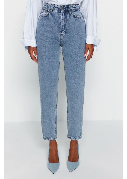 Stil Kadın Moda Denim Kot Pantolon Uzun Geniş Paça Indigo Yüksek Bel Mom Jeans fırsatları