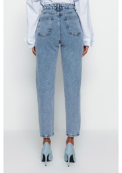 Stil Kadın Moda Denim Kot Pantolon Uzun Geniş Paça Indigo Yüksek Bel Mom Jeans indirimleri
