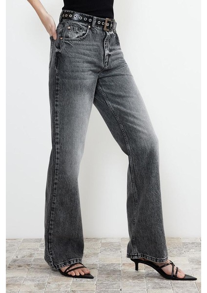 Stil Kadın Moda Denim Kot Pantolon Regular Boru Paça Gri Yüksek Bel Jeans