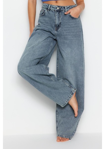 Stil Kadın Moda Denim Kot Pantolon Regular Boru Paça Mavi Düşük Bel Skater Jeans