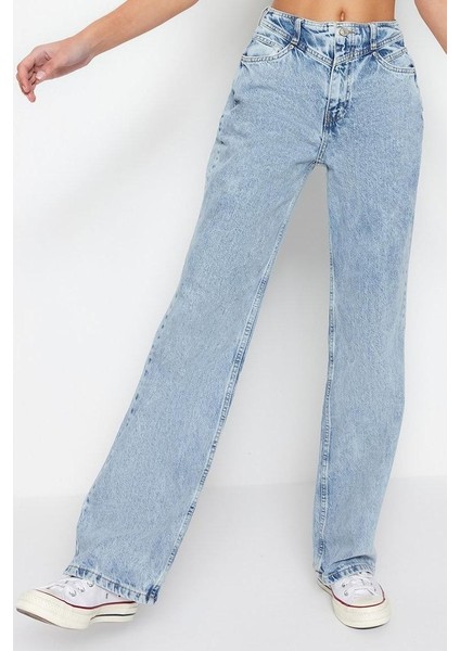 Stil Kadın Moda Denim Kot Pantolon Regular Geniş Paça Mavi Bel Detaylı Yüksek Bel Jeans