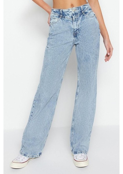 Stil Kadın Moda Denim Kot Pantolon Regular Geniş Paça Mavi Bel Detaylı Yüksek Bel Jeans