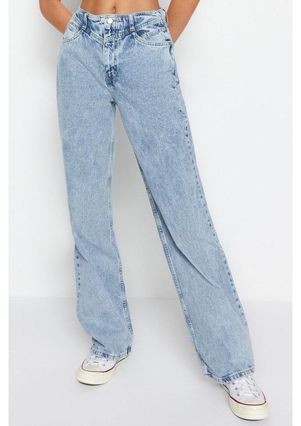 Stil Kadın Moda Denim Kot Pantolon Regular Geniş Paça Mavi Bel Detaylı Yüksek Bel Jeans