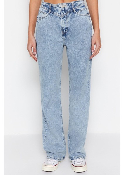Stil Kadın Moda Denim Kot Pantolon Regular Geniş Paça Mavi Bel Detaylı Yüksek Bel Jeans