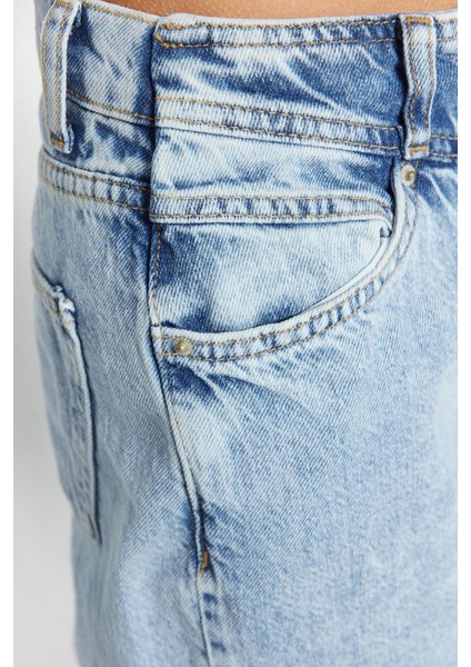 Stil Kadın Moda Denim Kot Pantolon Regular Geniş Paça Mavi Bel Detaylı Yüksek Bel Jeans