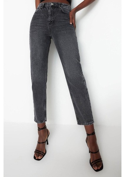 Stil Kadın Moda Denim Kot Pantolon Regular Geniş Paça Antrasit Yüksek Bel Mom Jeans