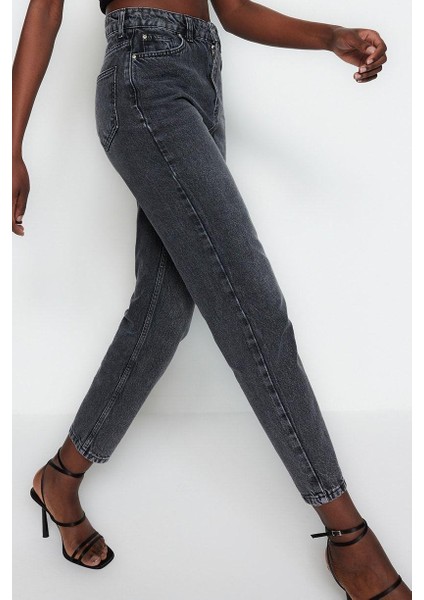 Stil Kadın Moda Denim Kot Pantolon Regular Geniş Paça Antrasit Yüksek Bel Mom Jeans