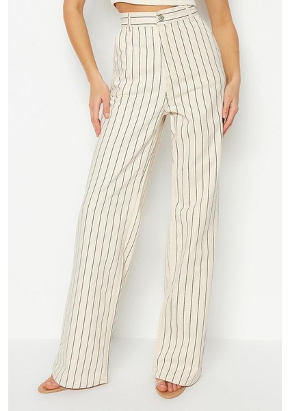 Stil Kadın Moda Denim Kot Pantolon Uzun Geniş Paça Çizgili Yüksek Bel Jeans