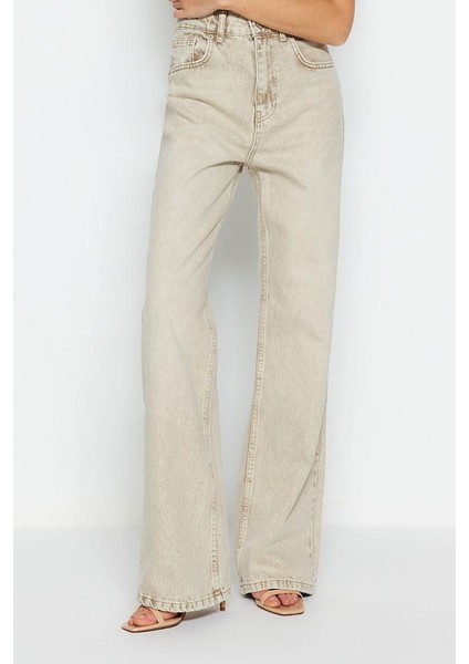 Stil Kadın Moda Denim Kot Pantolon Uzun Geniş Paça Bej Soluk Vintage Normal Bel Jeans
