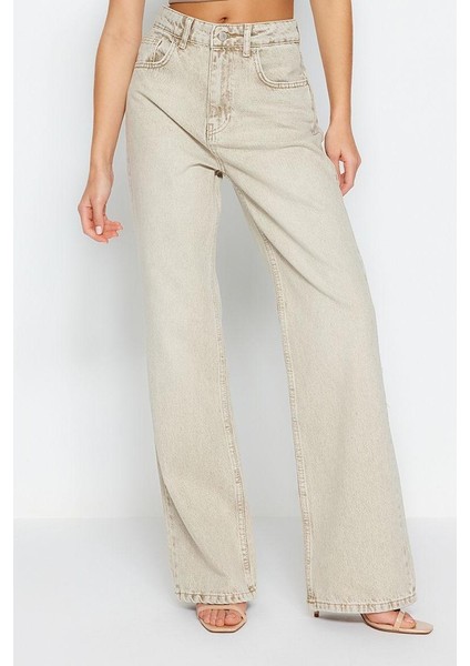 Stil Kadın Moda Denim Kot Pantolon Uzun Geniş Paça Bej Soluk Vintage Normal Bel Jeans fiyatları