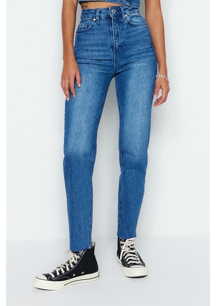 Stil Kadın Moda Denim Kot Pantolon Uzun Boru Paça Mavi Yüksek Bel Slim Mom Jeans