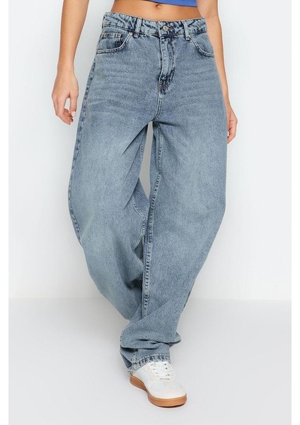 Stil Kadın Moda Denim Kot Pantolon Regular Boru Paça Mavi Düşük Bel Skater Jeans