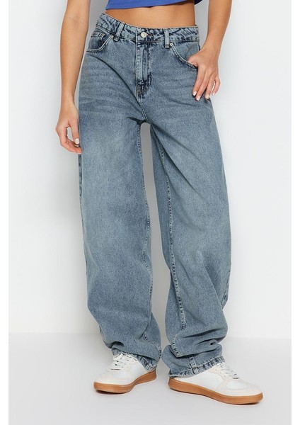 Stil Kadın Moda Denim Kot Pantolon Regular Boru Paça Mavi Düşük Bel Skater Jeans