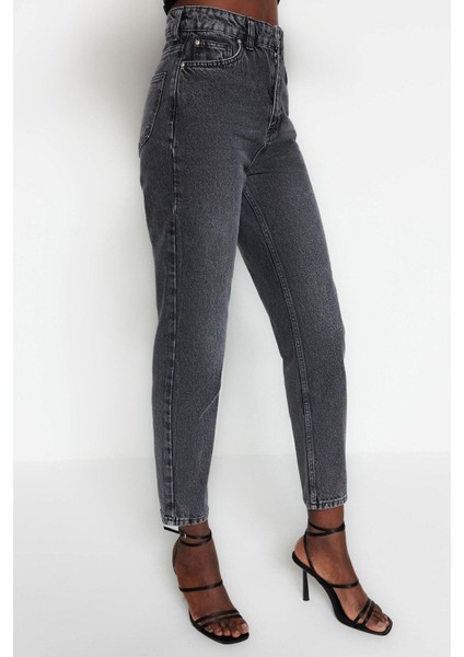 Stil Kadın Moda Denim Kot Pantolon Regular Geniş Paça Antrasit Yüksek Bel Mom Jeans