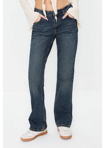 Stil Kadın Moda Denim Kot Pantolon Boru Paça Düşük Bel Straight Jeans