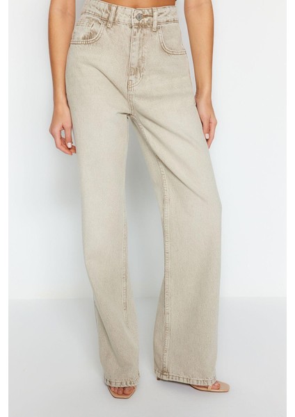 Stil Kadın Moda Denim Kot Pantolon Uzun Geniş Paça Bej Soluk Vintage Normal Bel Jeans fırsatları
