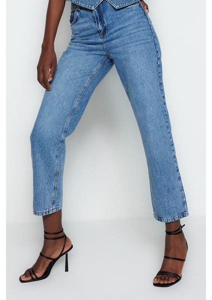 Stil Kadın Moda Denim Kot Pantolon Regular Boru Paça Mavi Yüksek Bel Straight Jeans