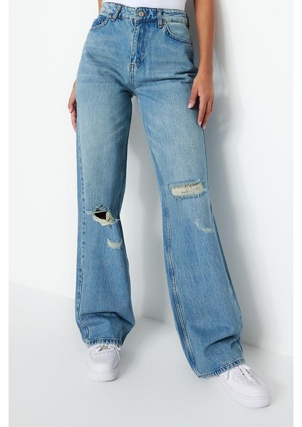 Stil Kadın Moda Denim Kot Pantolon Regular Geniş Paça Vintage Yırtık Detaylı Düşük Bel Jeans