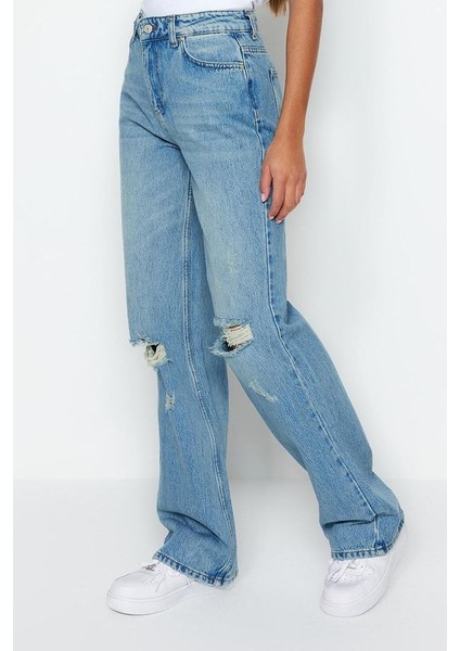 Stil Kadın Moda Denim Kot Pantolon Regular Geniş Paça Vintage Yırtık Detaylı Düşük Bel Jeans fiyatları