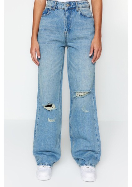 Stil Kadın Moda Denim Kot Pantolon Regular Geniş Paça Vintage Yırtık Detaylı Düşük Bel Jeans fırsatları