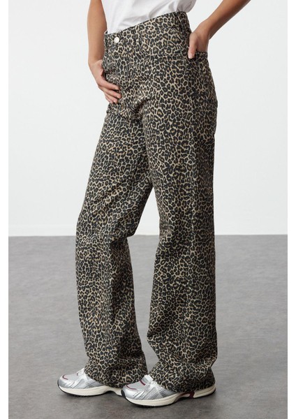 Stil Kadın Moda Denim Kot Pantolon Regular Geniş Paça Leopar Baskılı Kahverengi Yüksek Bel Jeans fırsatları