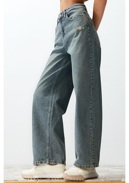 Stil Kadın Moda Denim Kot Pantolon Regular Geniş Paça Mavi Soluk Vintage Düşük Bel