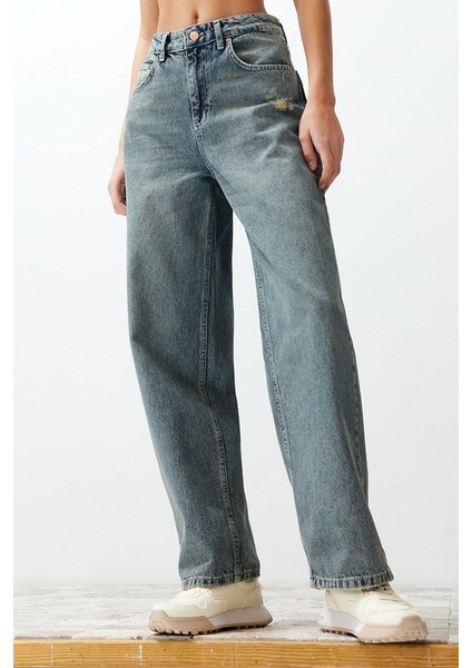 Stil Kadın Moda Denim Kot Pantolon Regular Geniş Paça Mavi Soluk Vintage Düşük Bel