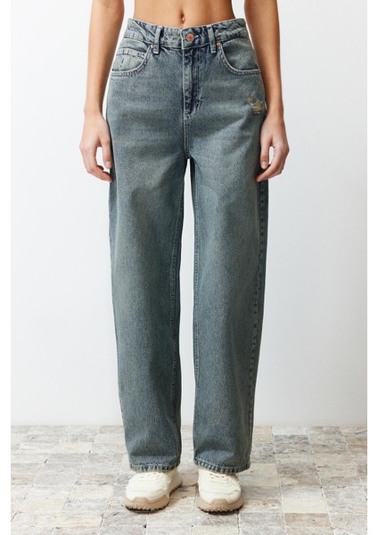Stil Kadın Moda Denim Kot Pantolon Regular Geniş Paça Mavi Soluk Vintage Düşük Bel
