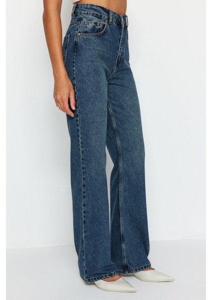 Stil Kadın Moda Denim Kot Pantolon Uzun Geniş Paça Mavi Yüksek Bel Jeans