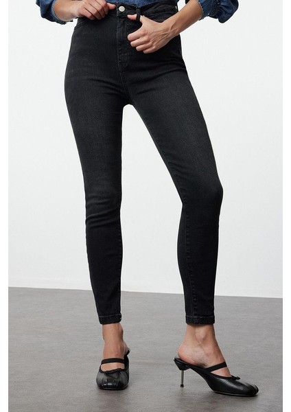 Stil Kadın Moda Denim Kot Pantolon Regular Dar Paça Antrasit Yüksek Bel Skinny Jeans