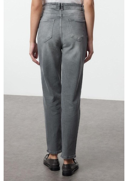 Stil Kadın Moda Denim Kot Pantolon Uzun Boru Paça Gri Yüksek Bel Comfort Mom Jeans indirimleri