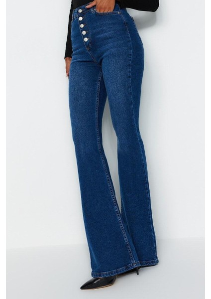 Stil Kadın Moda Denim Kot Pantolon Uzun Geniş Paça Mavi Önden Düğmeli Yüksek Bel Jeans modelleri