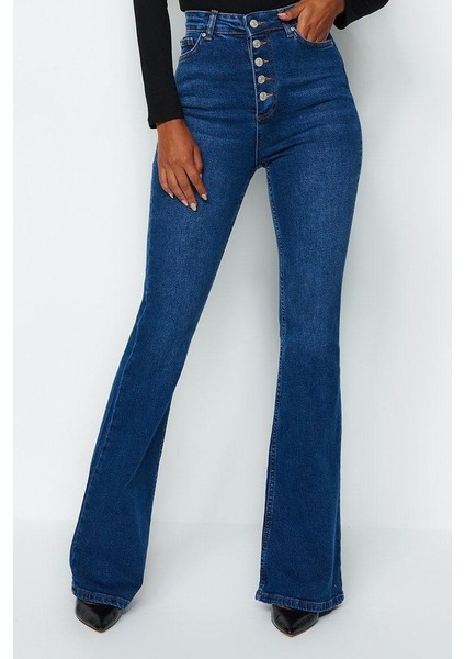 Stil Kadın Moda Denim Kot Pantolon Uzun Geniş Paça Mavi Önden Düğmeli Yüksek Bel Jeans