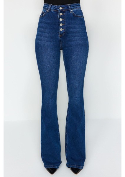 Stil Kadın Moda Denim Kot Pantolon Uzun Geniş Paça Mavi Önden Düğmeli Yüksek Bel Jeans fırsatları