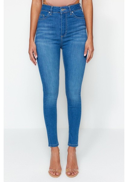Stil Kadın Moda Denim Kot Pantolon Regular Dar Paça Mavi Incelten Etki Yüksek Bel Skinny Jeans indirimleri