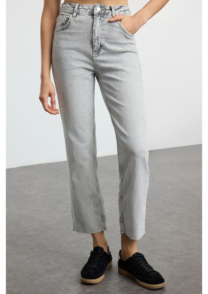 Stil Kadın Moda Denim Kot Pantolon Uzun Boru Paça Gri Yüksek Bel Straight Jeans fırsatları