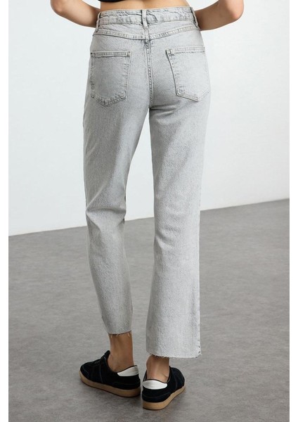 Stil Kadın Moda Denim Kot Pantolon Uzun Boru Paça Gri Yüksek Bel Straight Jeans indirimleri